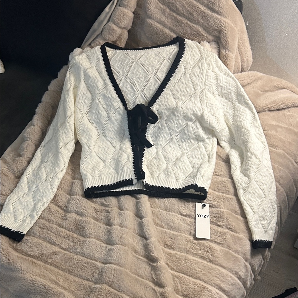 YOZY Cream Knit Cardigan with Black Trim